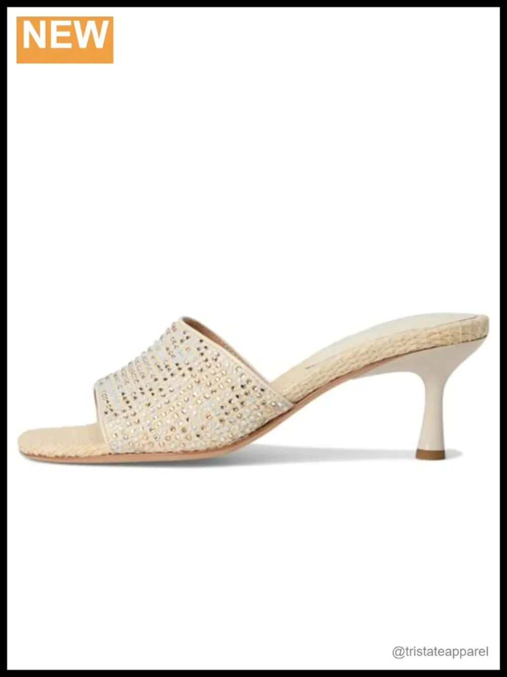 Beaded Woven Raffia Slide Sandals with Kitten Heel